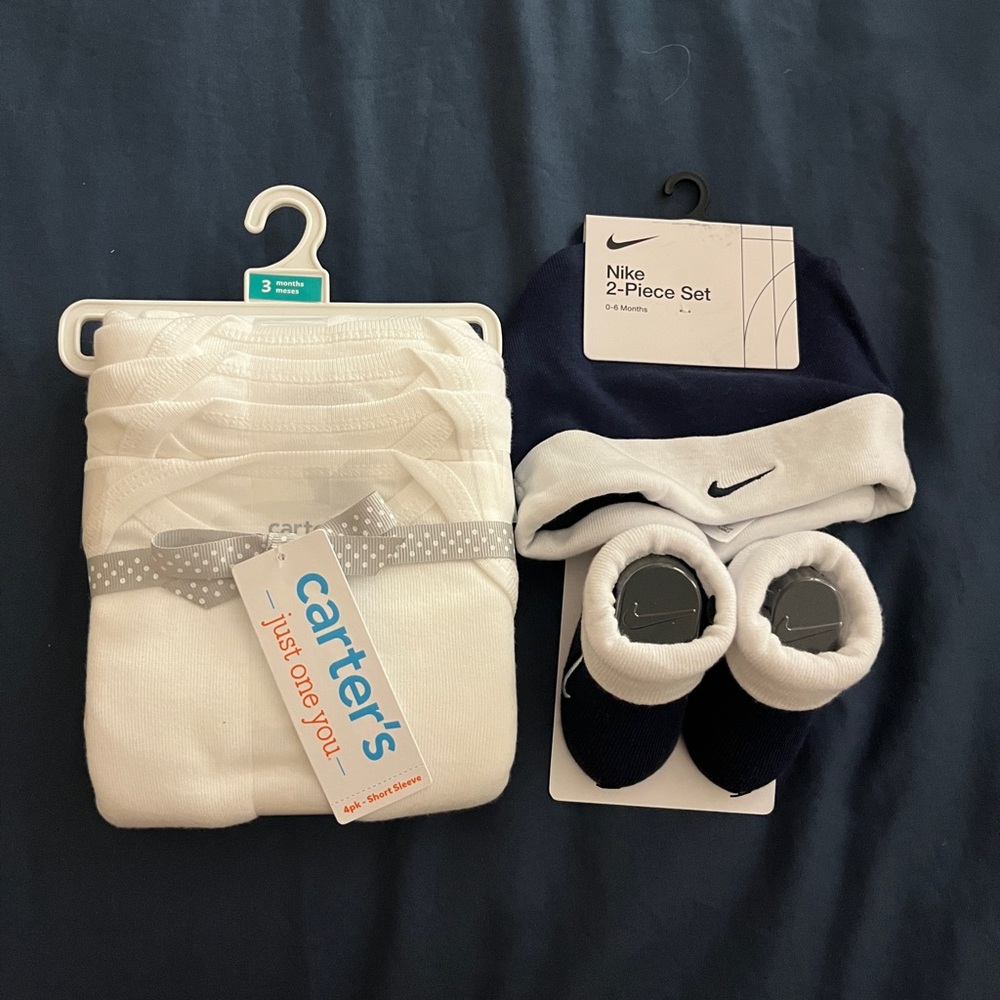 NWT Nike Baby Hat and Booties Set and Carters onesies